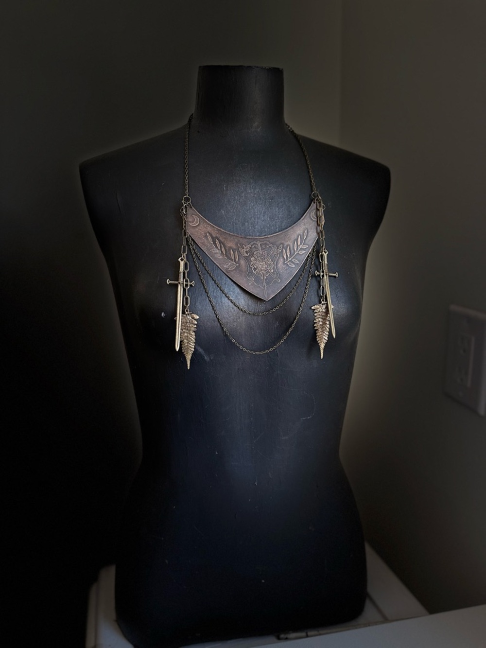 Wild woman Floral Engraved Bib Necklace with Dagger and Leaf Charms